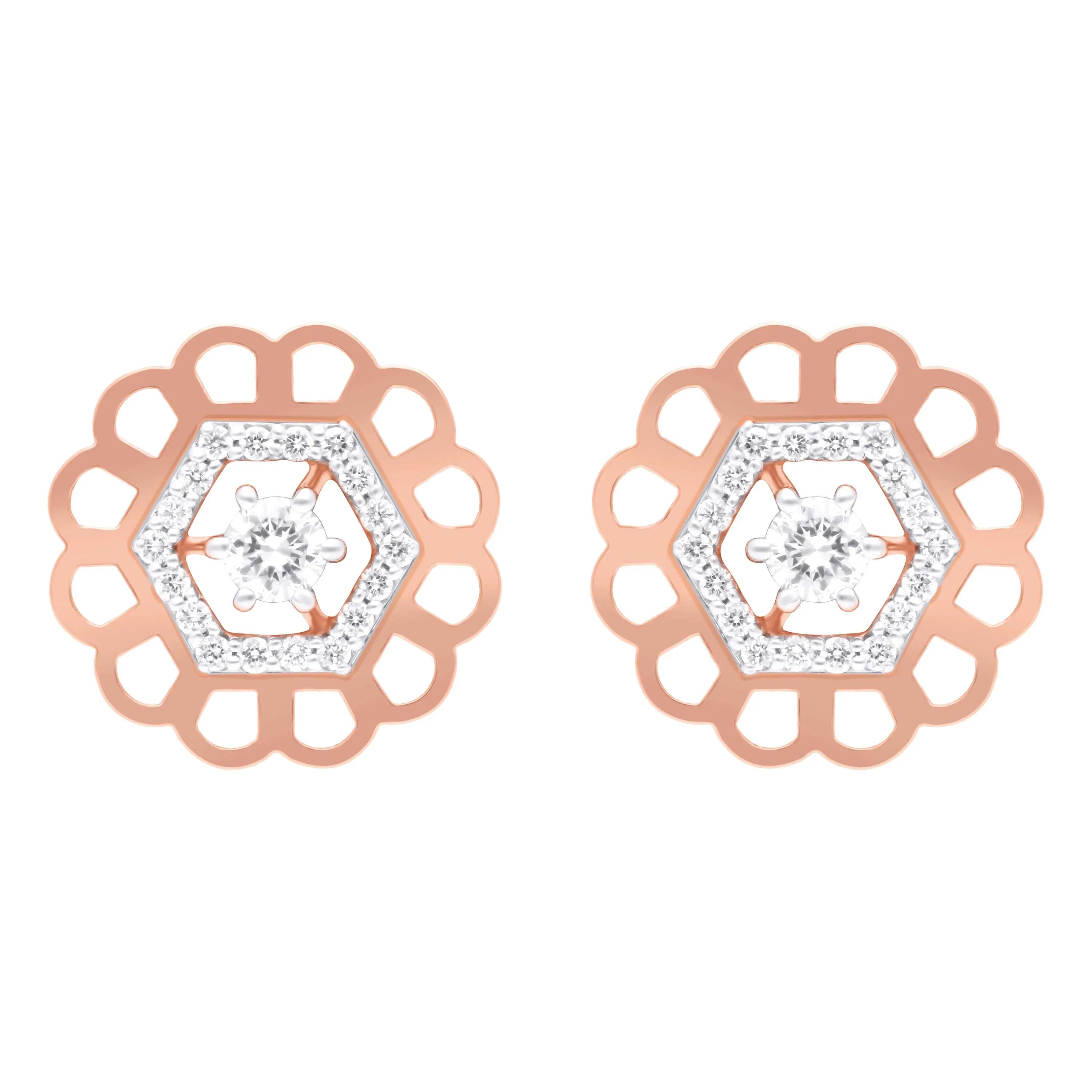 Hexagonal Flower Diamond Studs in 18KT Rose Gold