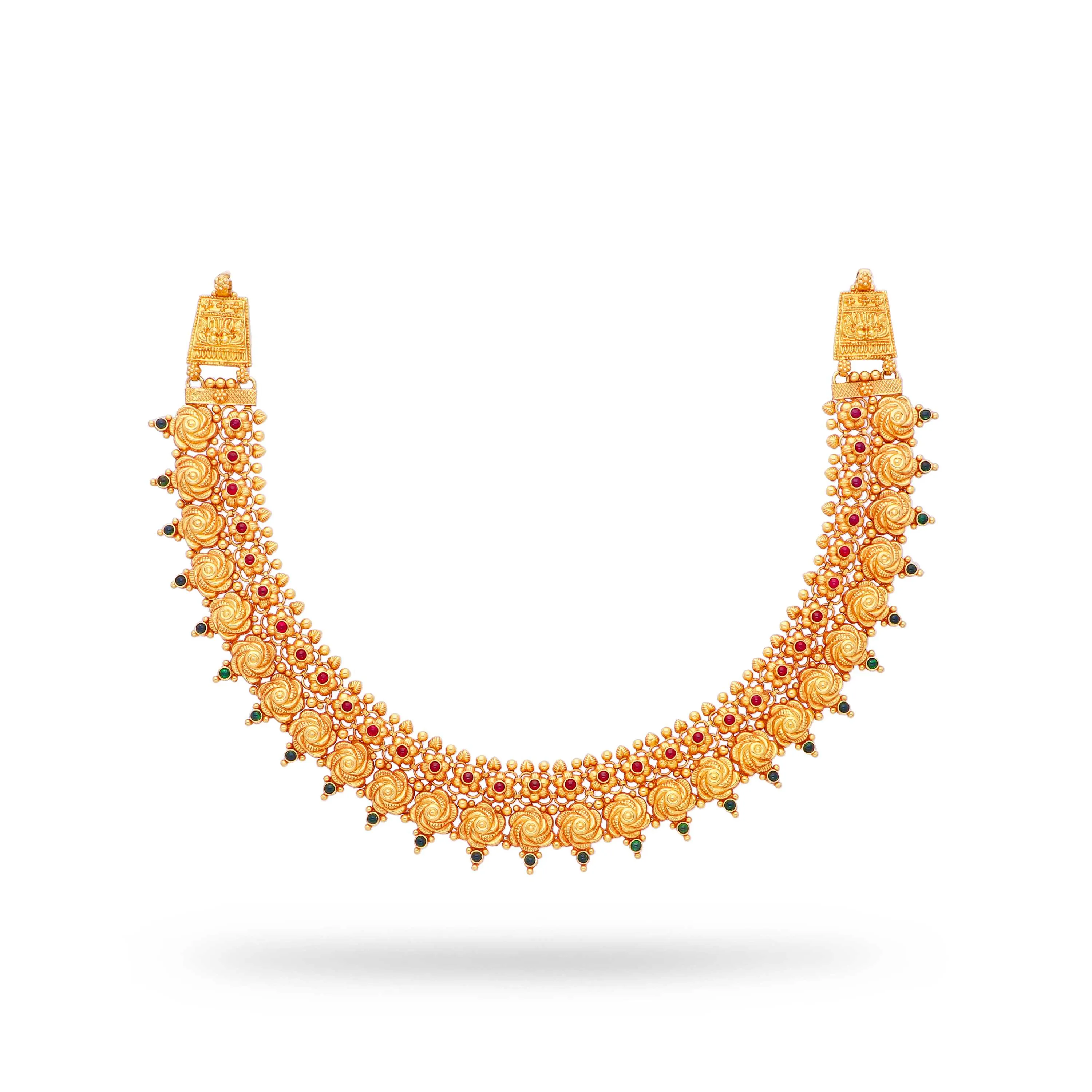 Classic Antique Finished And Studded 22KT Gold Necklace