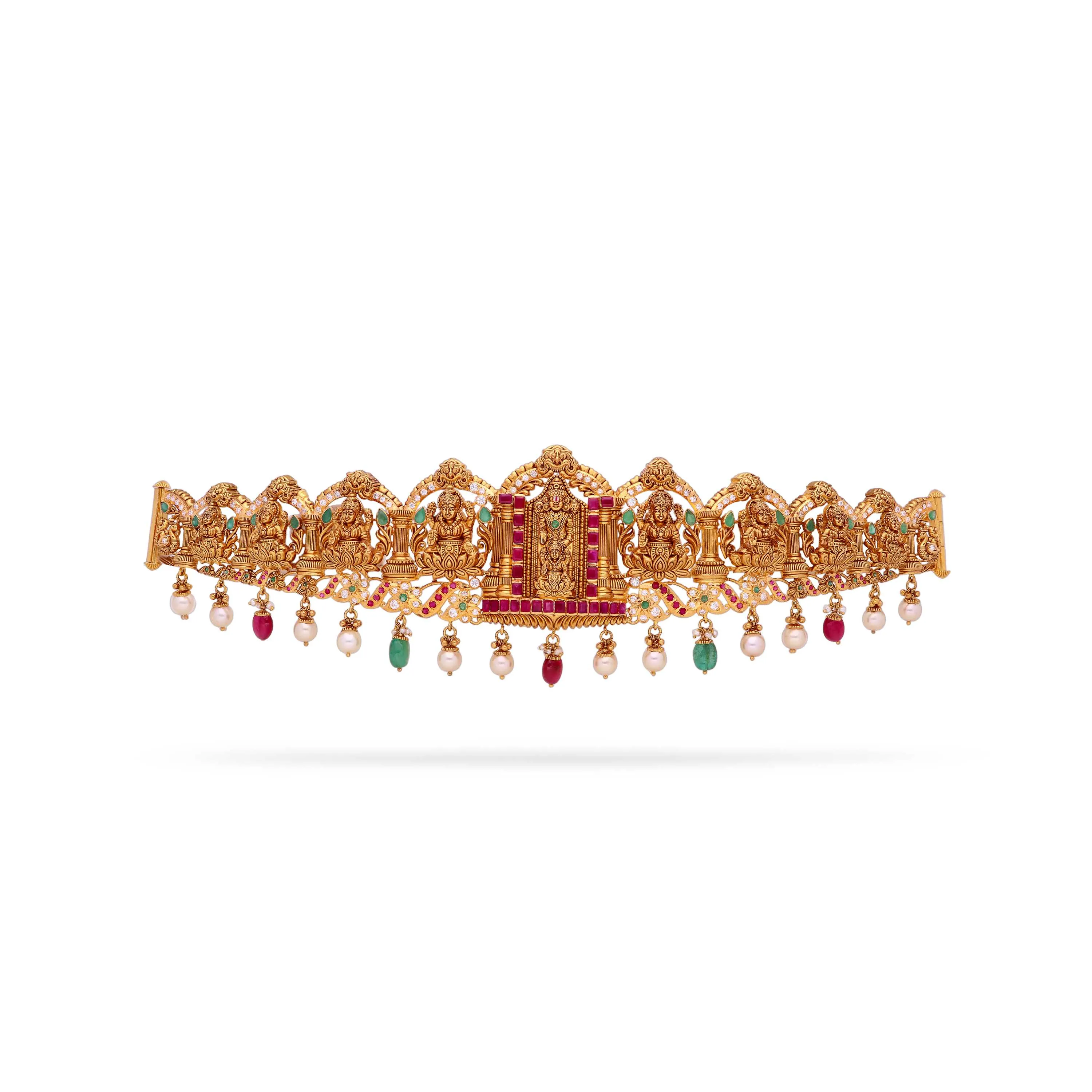 Classic Antique Finished And Studded 22KT Gold Oddiyanam For Women